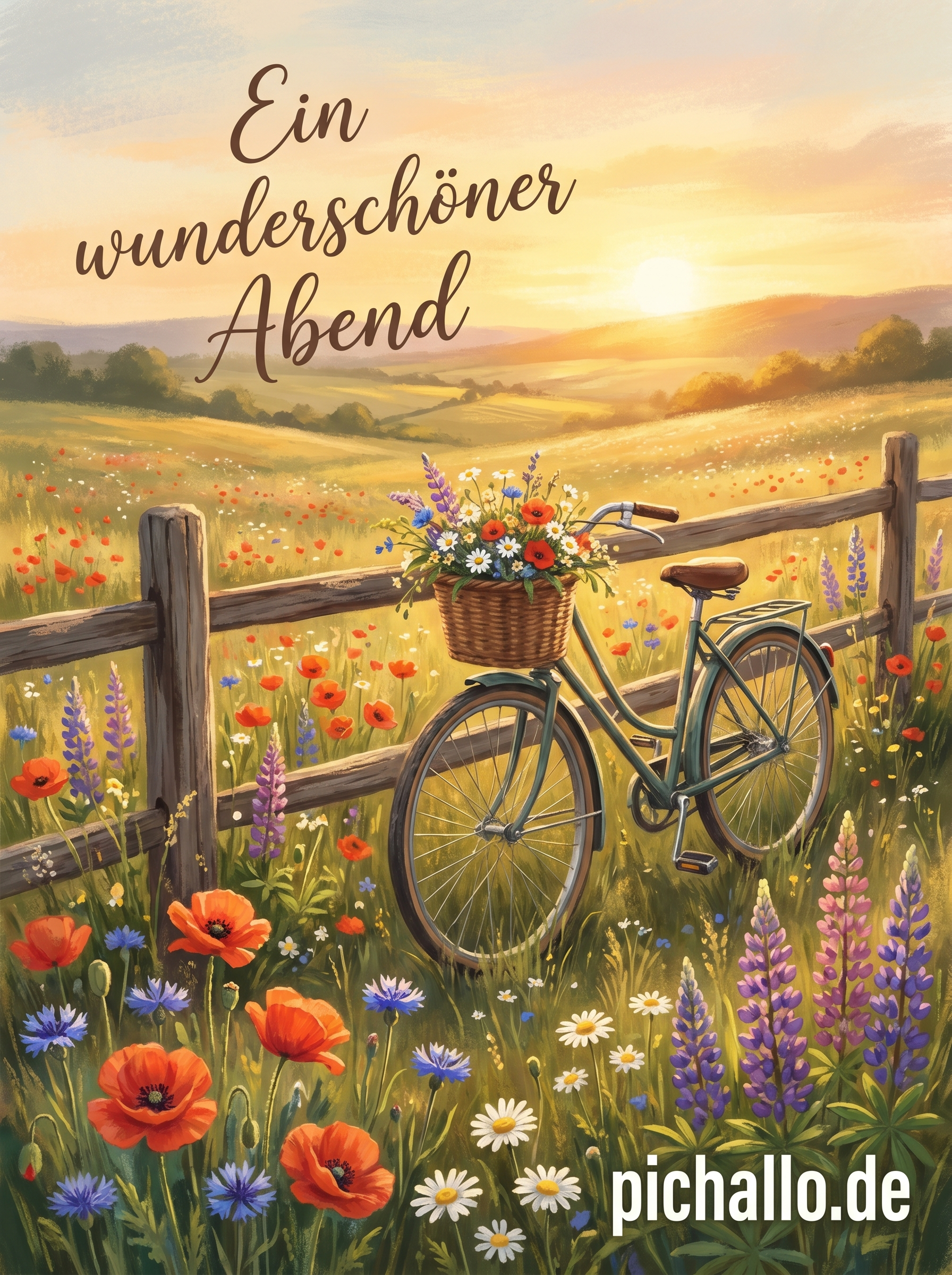 Altes Fahrrad im Blumenfeld Sonnenuntergang Bilder