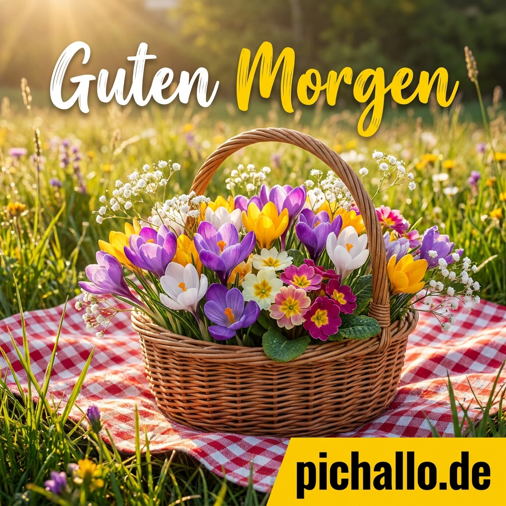 Blumenkorb auf Picknickdecke Guten Morgen Bilder