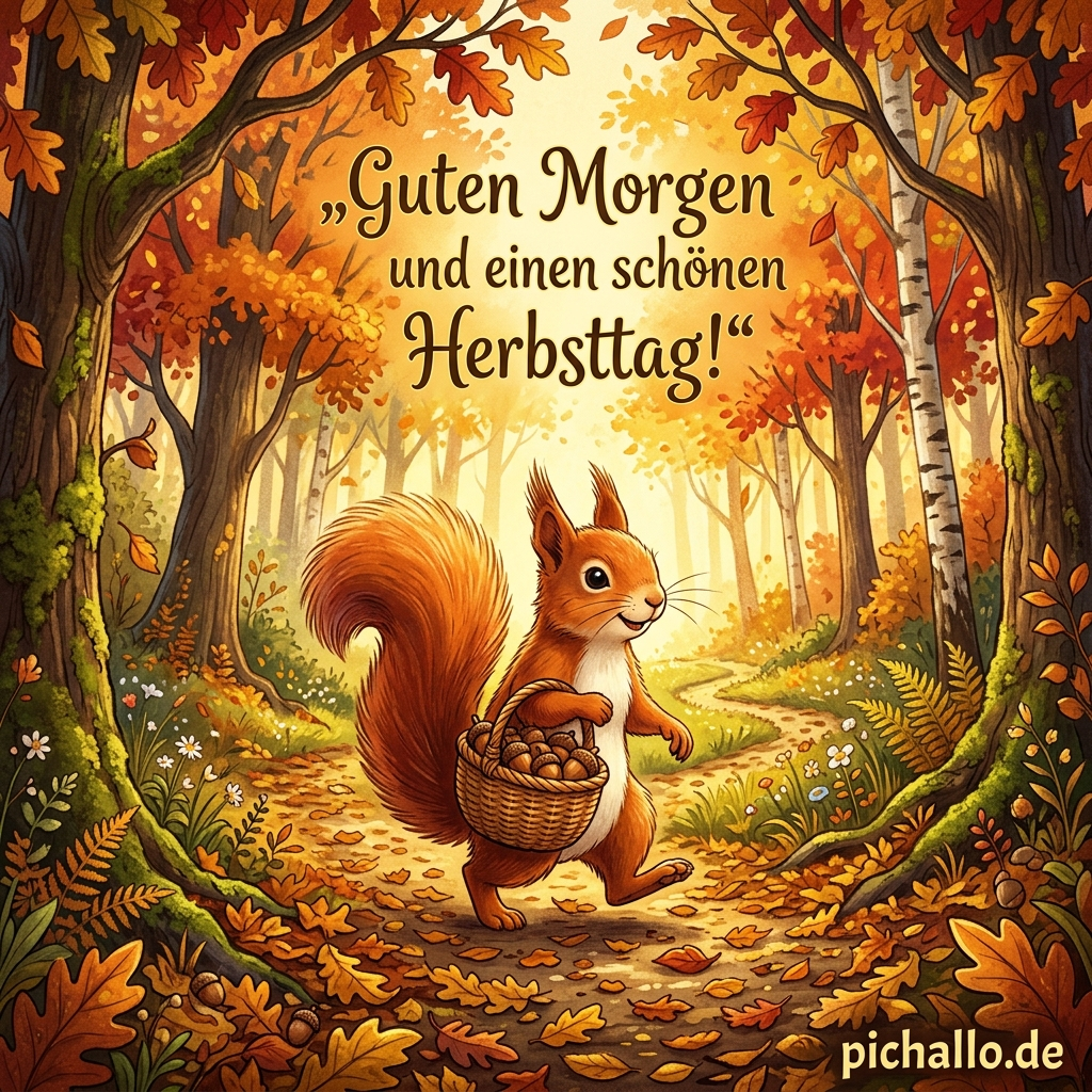 Eichhörnchen mit Eichelkorb Bilder für herbstliche Morgengrüße