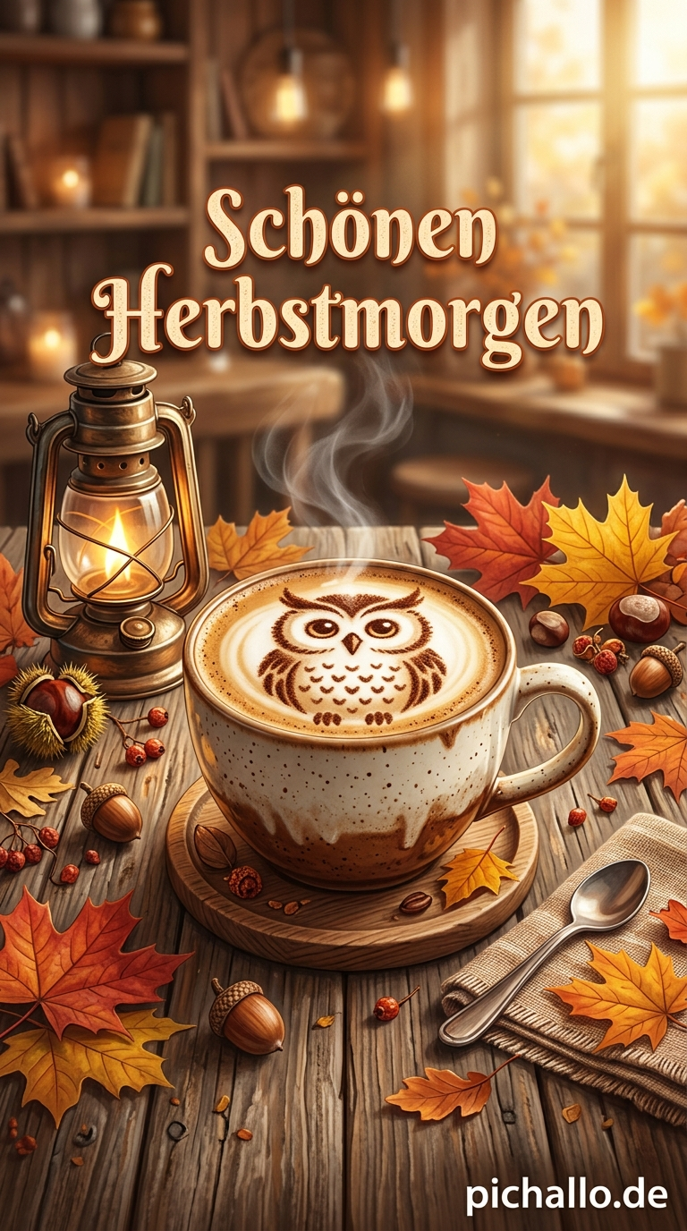 Eulen Latte Art auf herbstlichem Holztisch Bilder