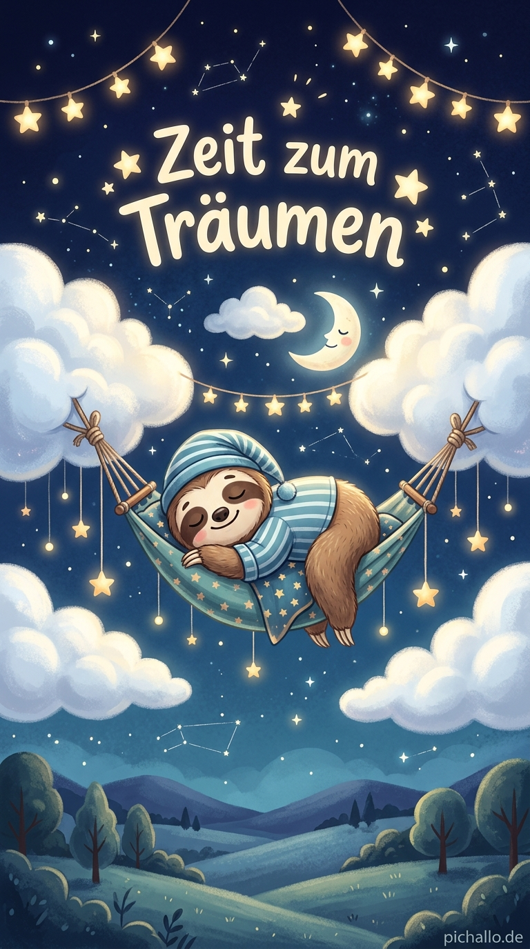 Faultier in der Wolkenhängematte Bilder zur Guten Nacht