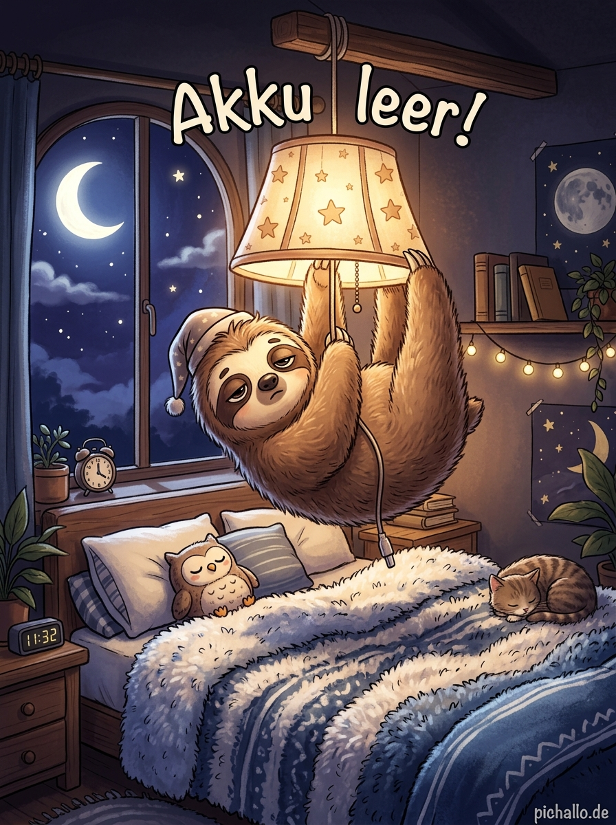 Faultier mit leerem Akku Bilder zur Guten Nacht