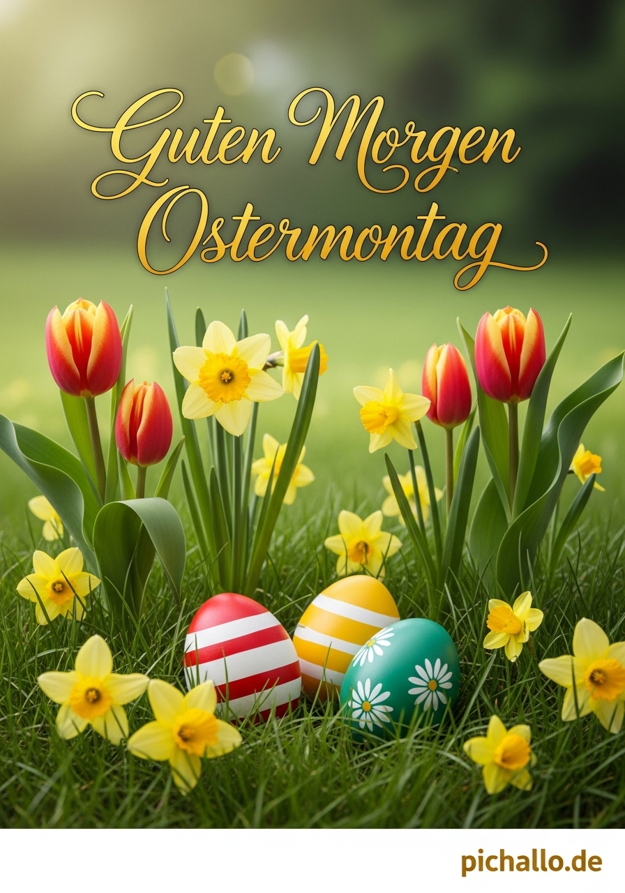 Friedliche Ostermorgen-Szene mit Ostereiern Guten Morgen Ostermontag Bilder