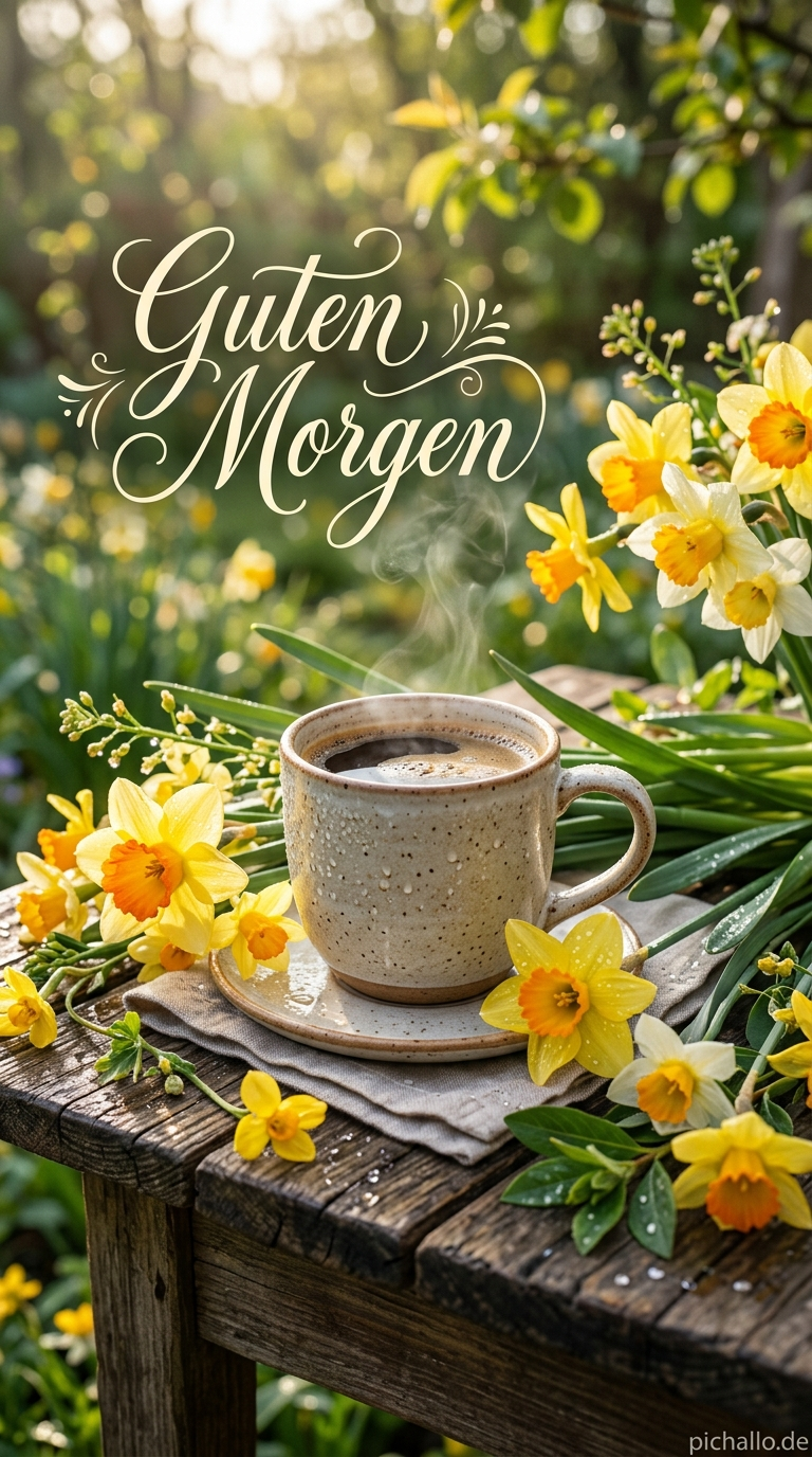 Frischer Kaffee mit Narzissen und Osterglocken Guten Morgen Bilder