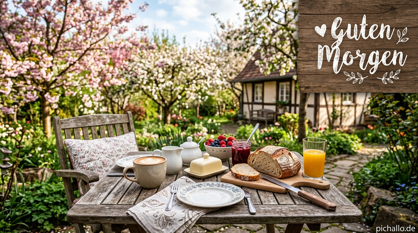 Gemütliches Outdoor-Frühstück im Garten Guten Morgen Bilder