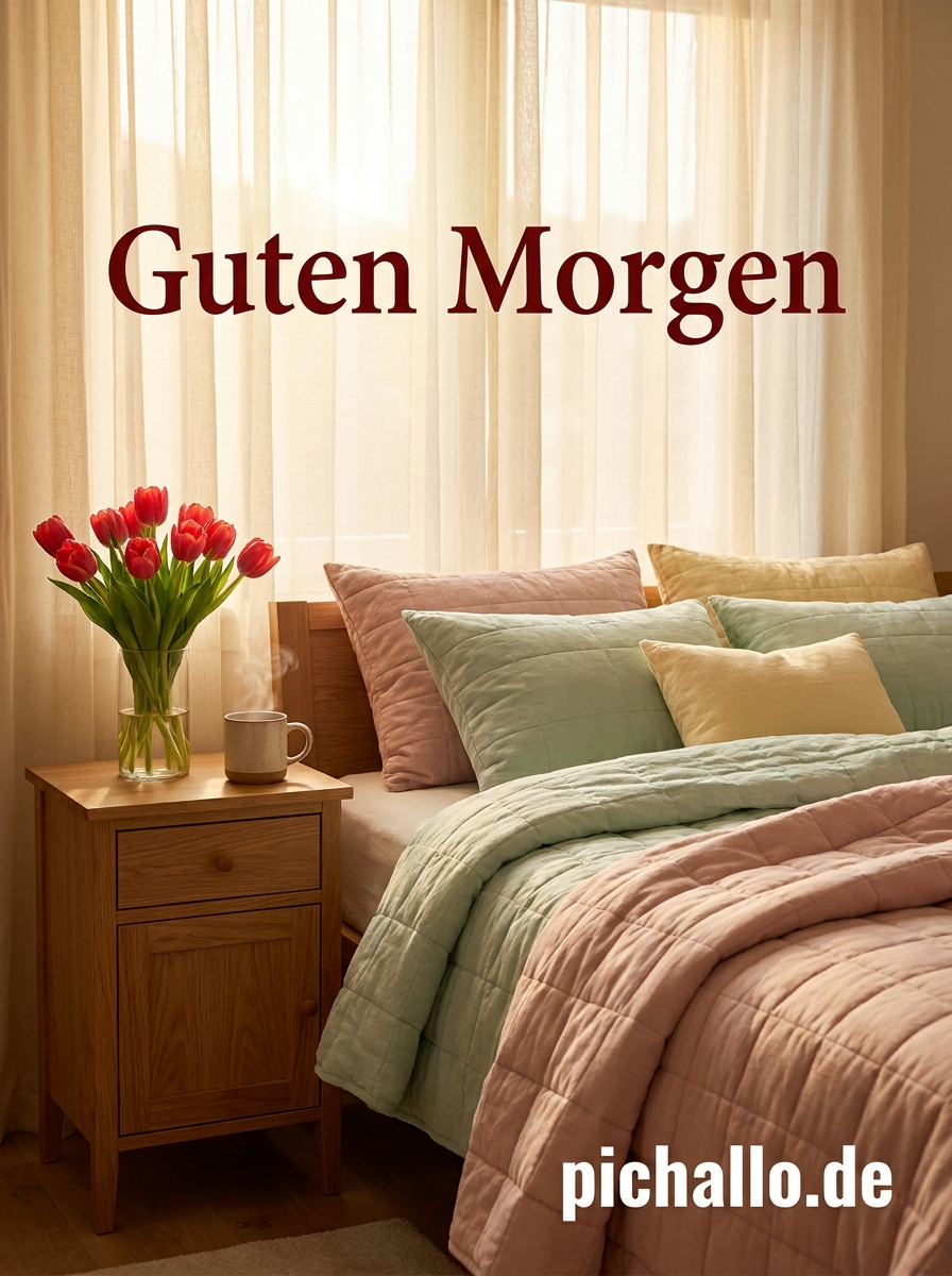 Gemütliches Schlafzimmer mit Roten Tulpen Guten Morgen Bilder