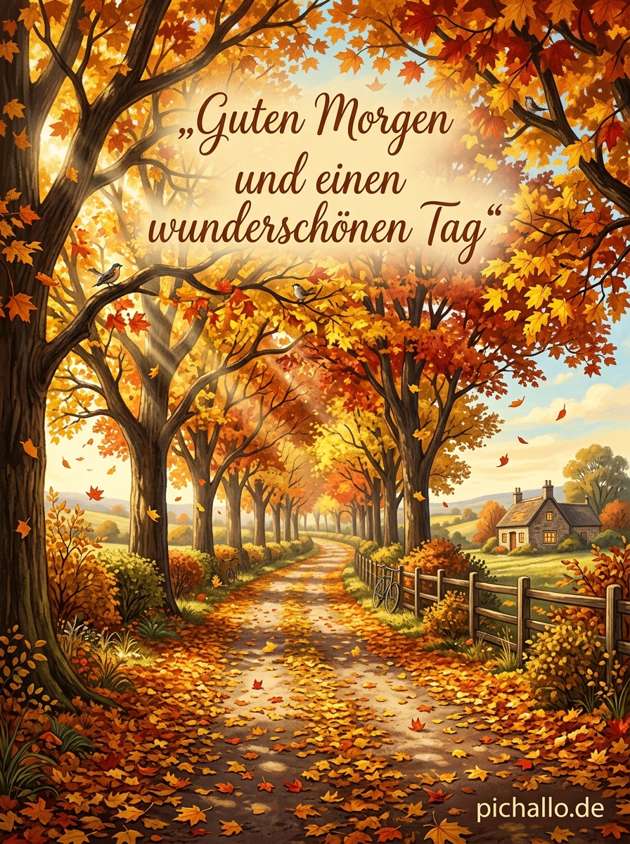 Goldene Ahornallee im Herbstmorgen Bilder für Morgengrüße