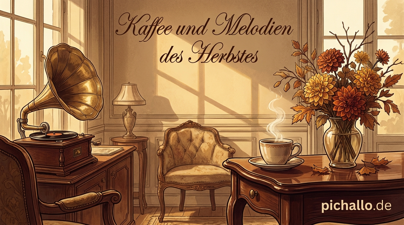 Grammophon und Herbstkaffee im Vintage Salon Bilder