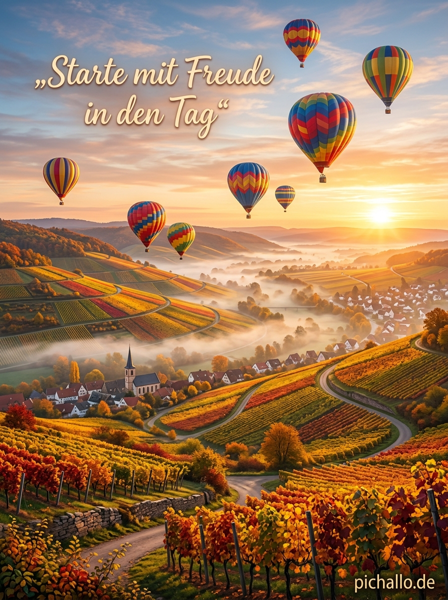 Heißluftballons über herbstlichen Weinbergen Bilder für Morgengrüße