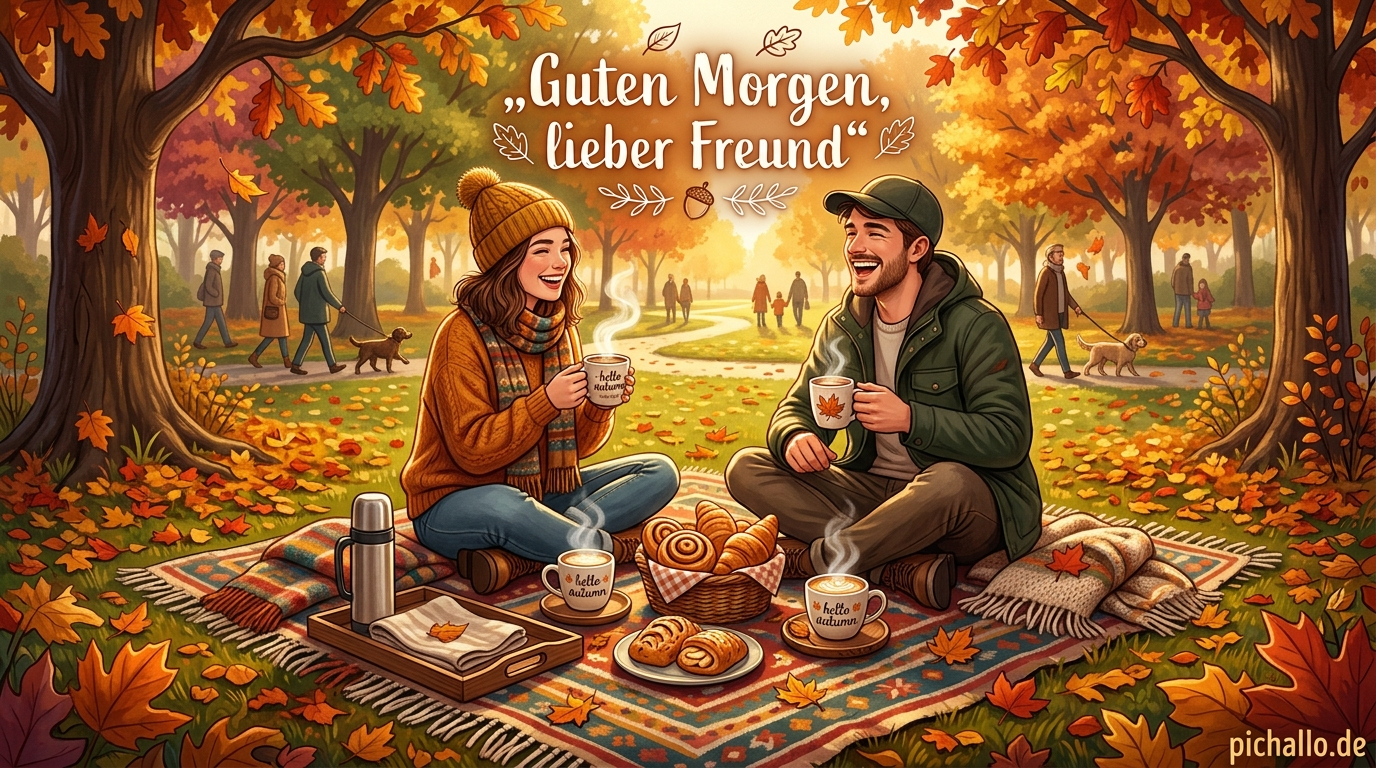 Herbst Picknick mit Freunden Bilder für Morgengrüße