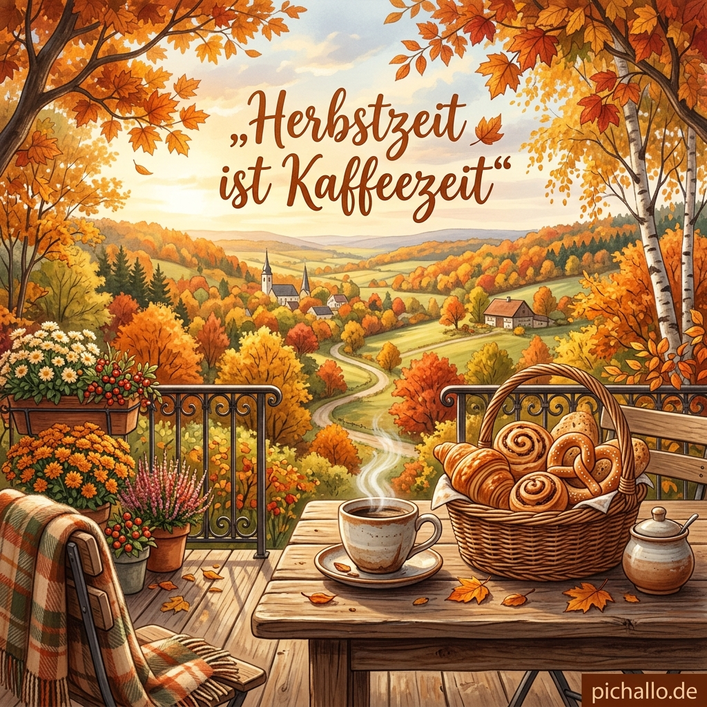 Herbstkaffee auf der Landhaus Terrasse Bilder mit Spruch