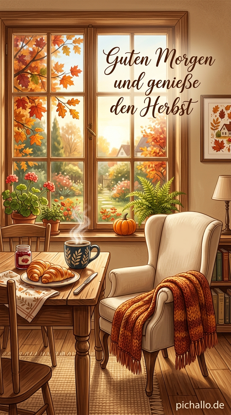 Herbstlicher Frühstückstisch am Fenster Bilder für Morgengrüße