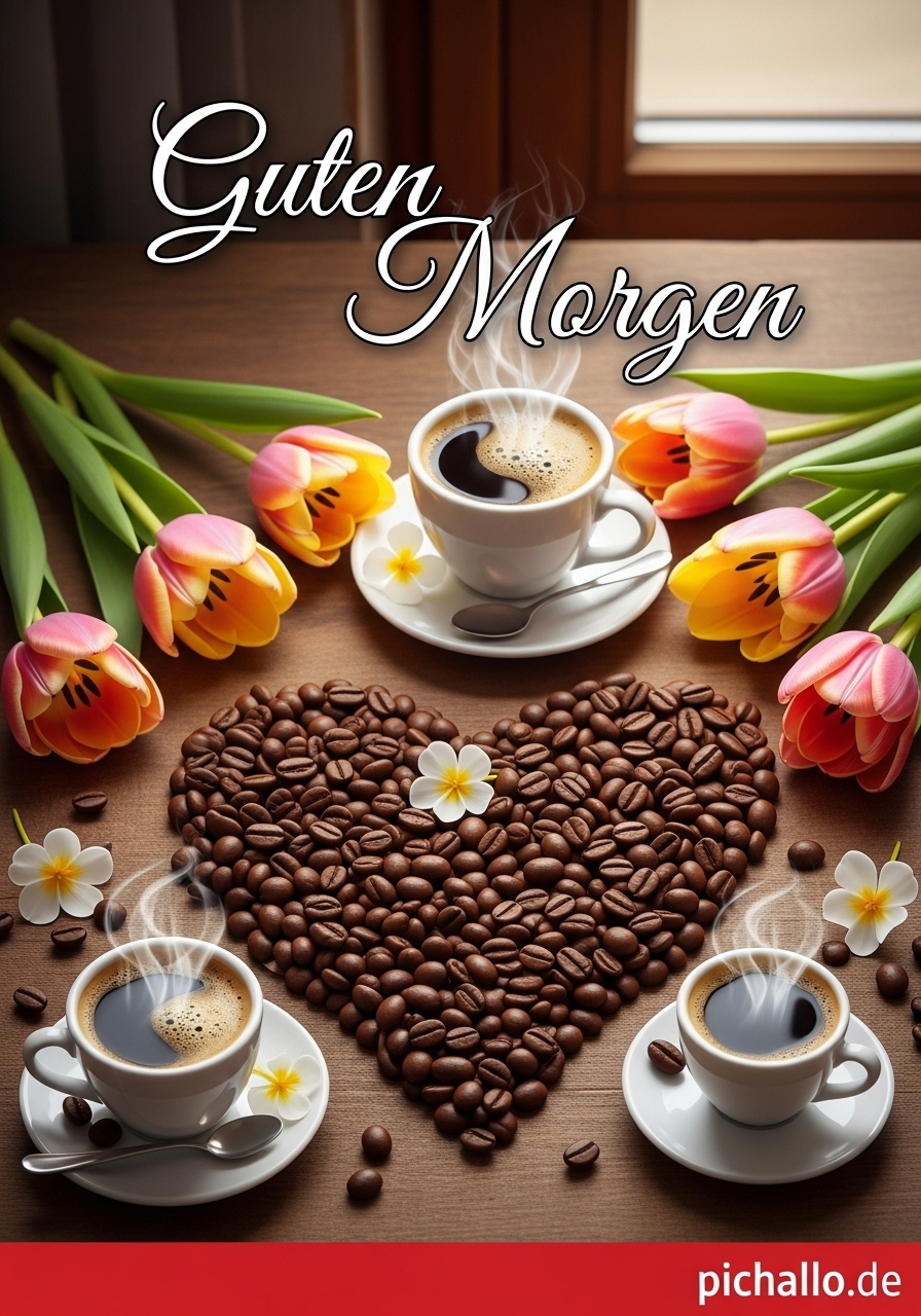 Herzförmige Kaffeebohnen mit Tulpen Guten Morgen Bilder