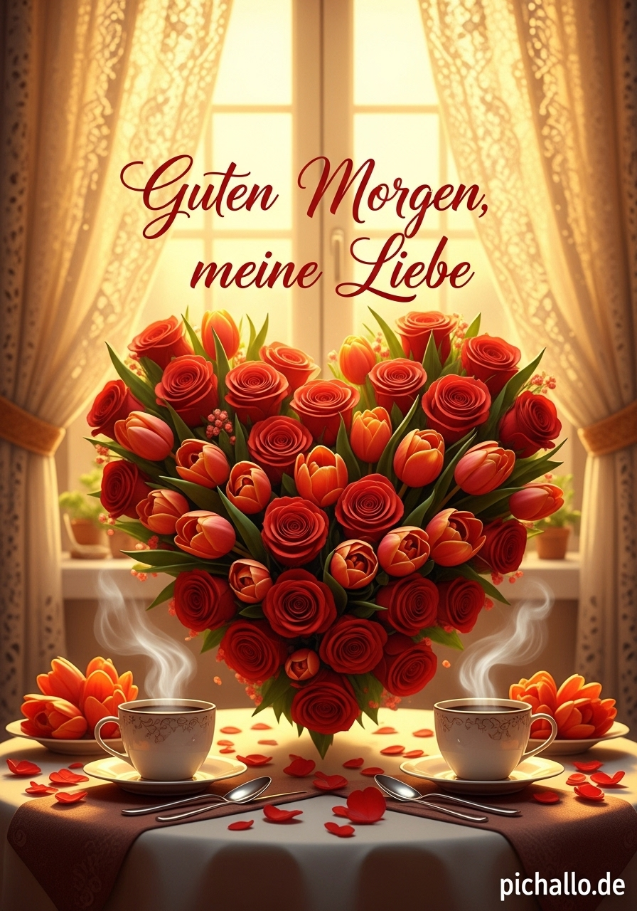 Herzförmiges Rosen-Tulpen-Frühstück Guten Morgen Bilder