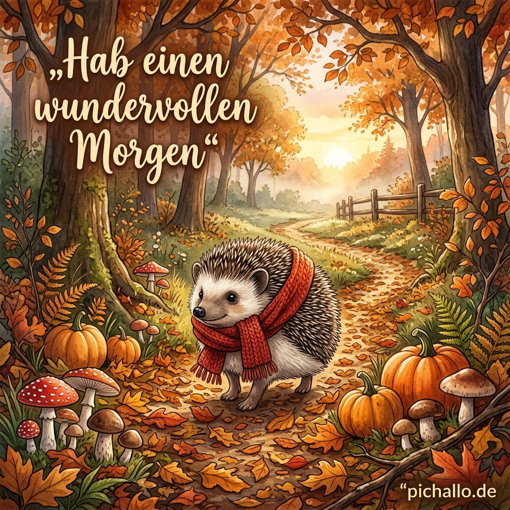 Igel mit rotem Schal Bilder für herbstliche Morgengrüße