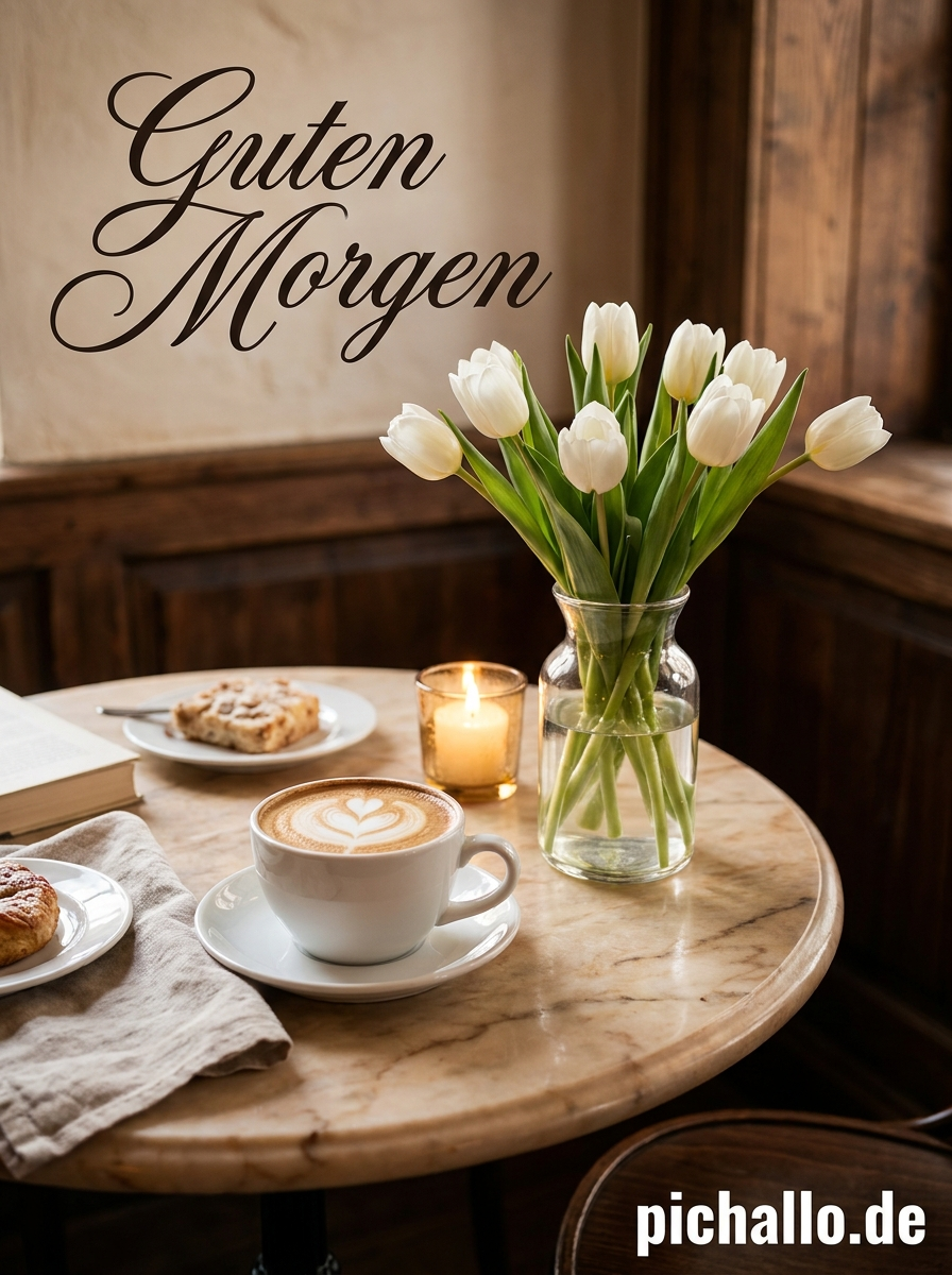 Intimes Café mit Weißen Tulpen Guten Morgen Bilder