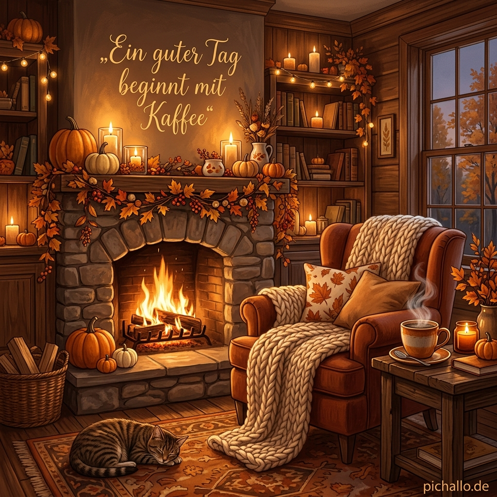 Kaffee am Kamin mit Strickdecke Bilder mit Spruch