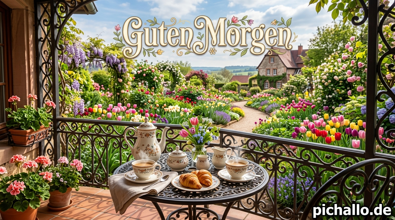Kaffee auf Schmiedeeiserner Balkonterrasse Guten Morgen Bilder