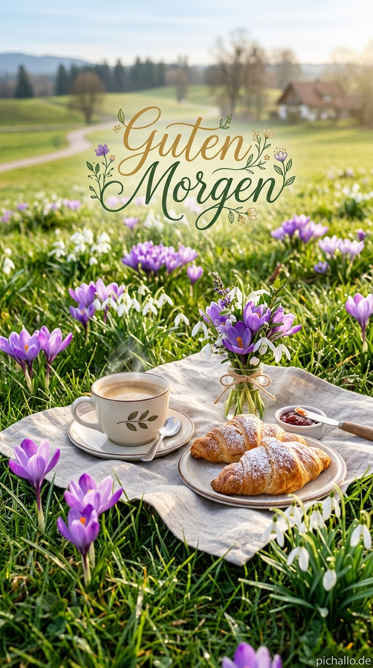 Kaffee mit Krokussen und Schneeglöckchen Guten Morgen Bilder