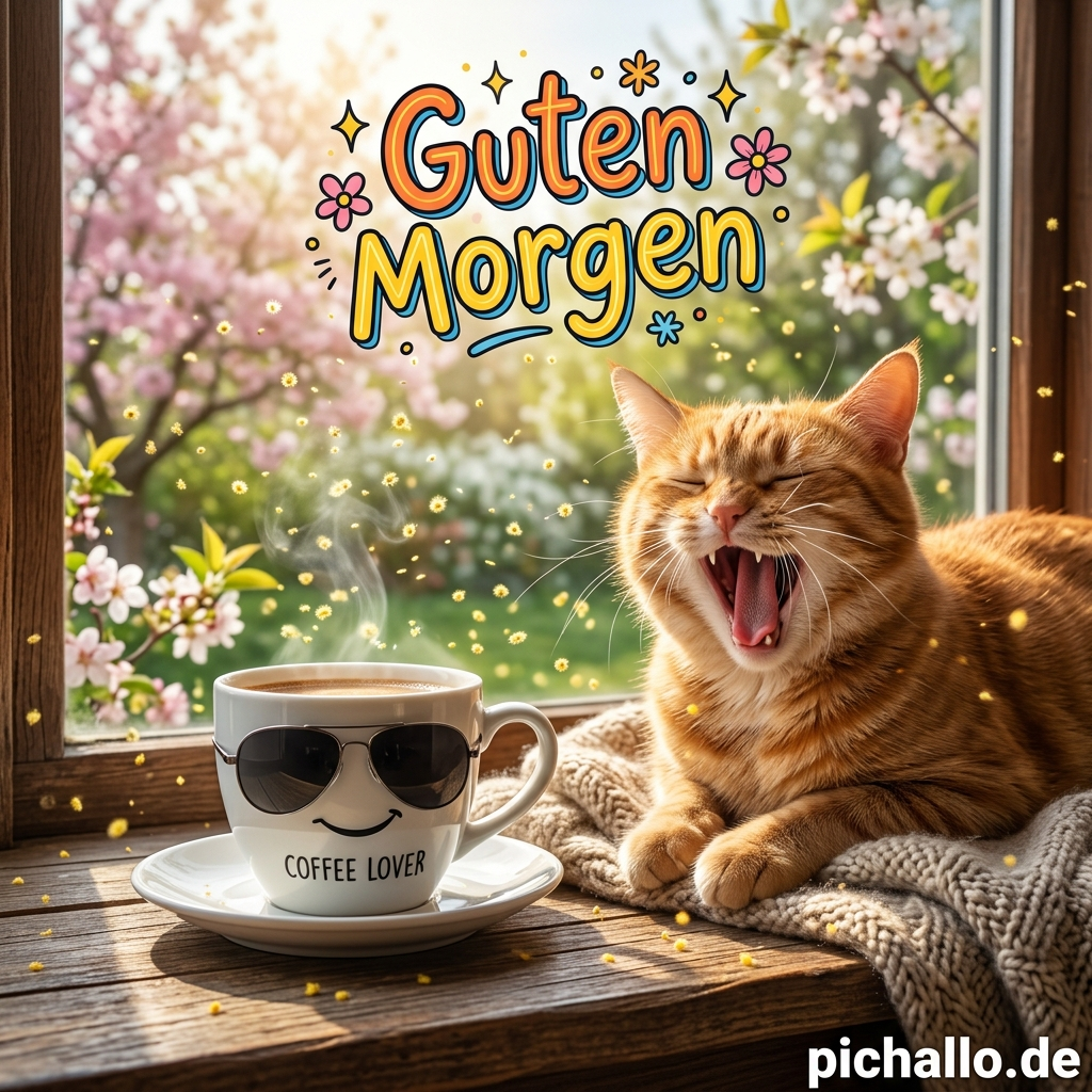 Kaffeetasse mit Sonnenbrille und Katze Guten Morgen Bilder