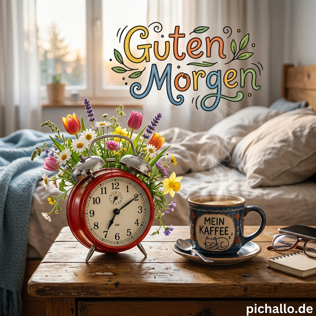 Kaffeetasse vs. Wecker Kampf Guten Morgen Bilder