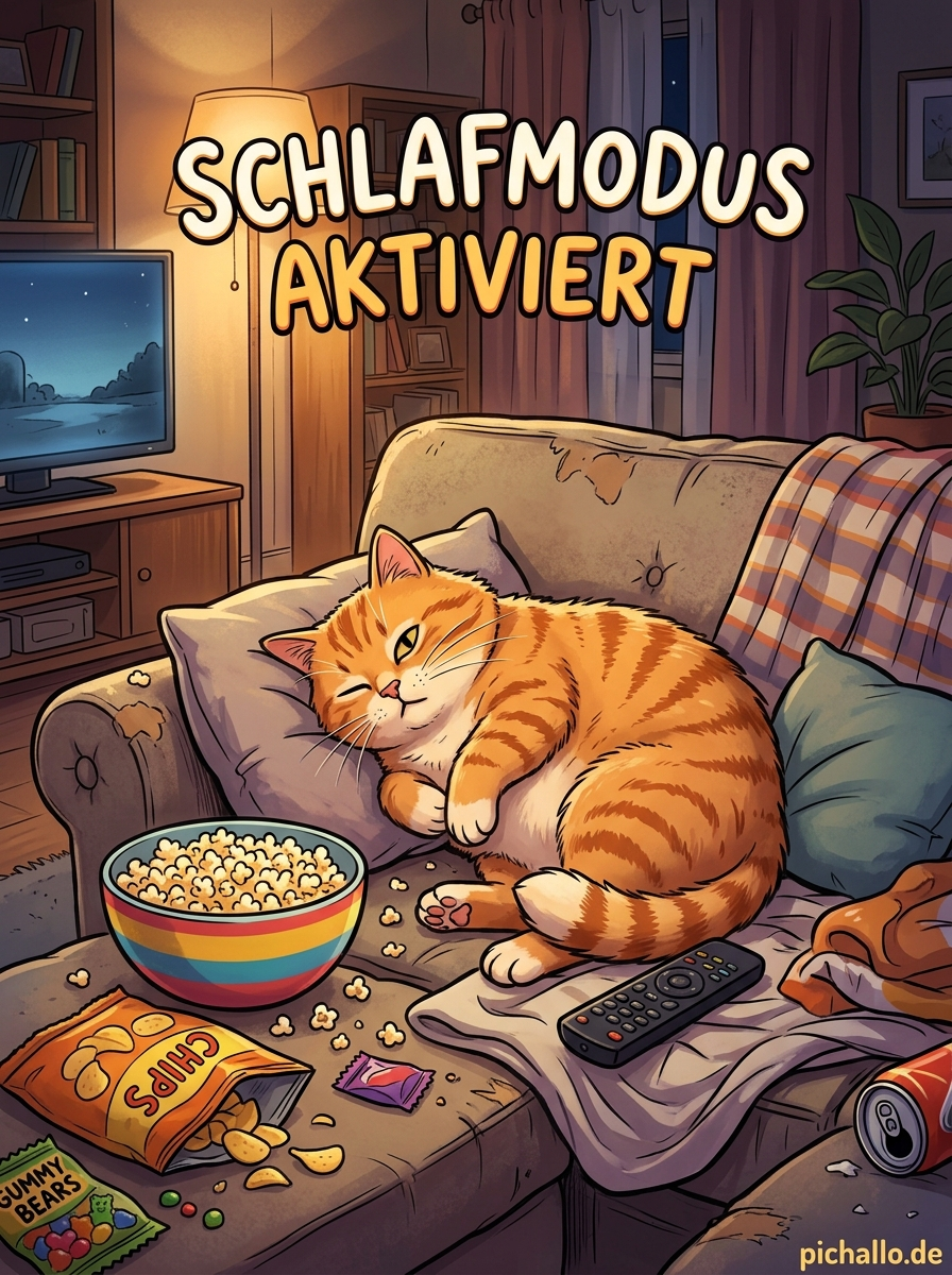 Katze im Schlafmodus auf dem Sofa Bilder zur Guten Nacht