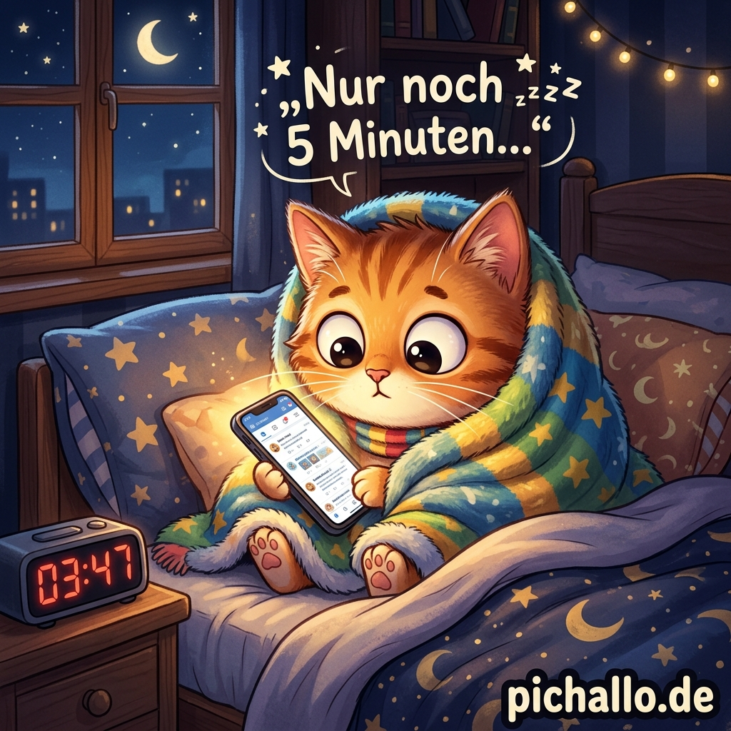 Katze mit Handy im Bett Bilder zur Mittwoch Nacht
