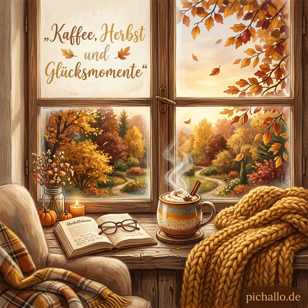 Kürbisgewürz Kaffee am Herbstfenster Bilder mit Spruch