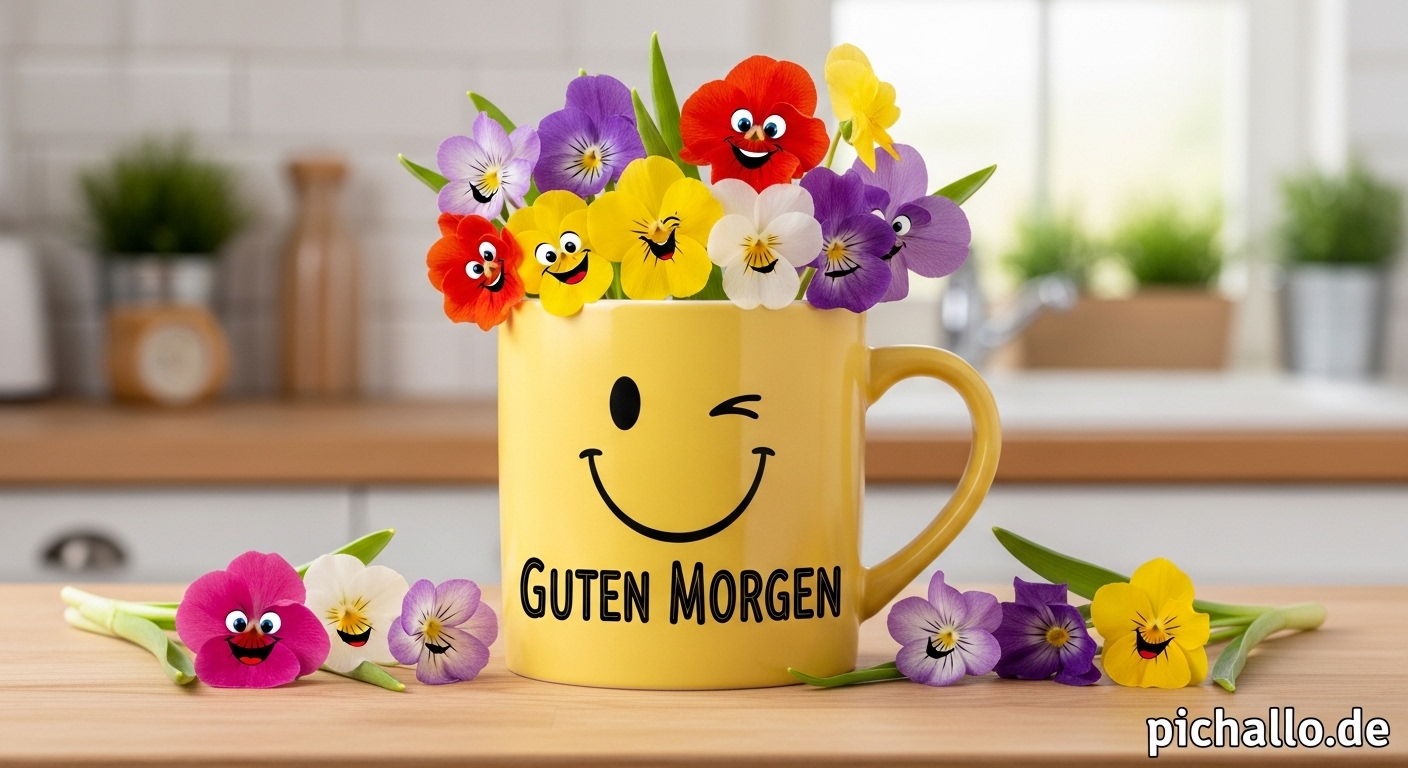 Lachende Kaffeetasse mit Blumen Guten Morgen Bilder