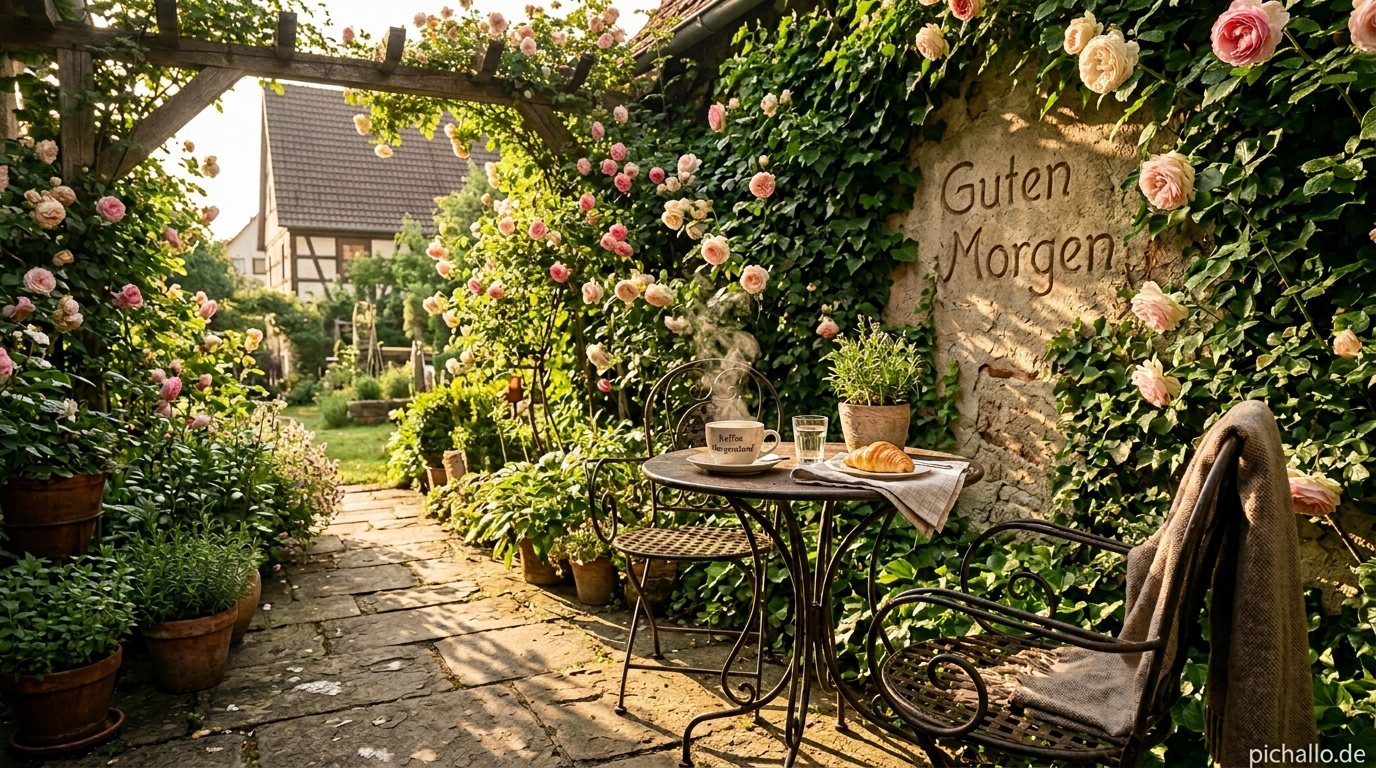 Morgenkaffee auf Steinpatio mit Rosen Guten Morgen Bilder
