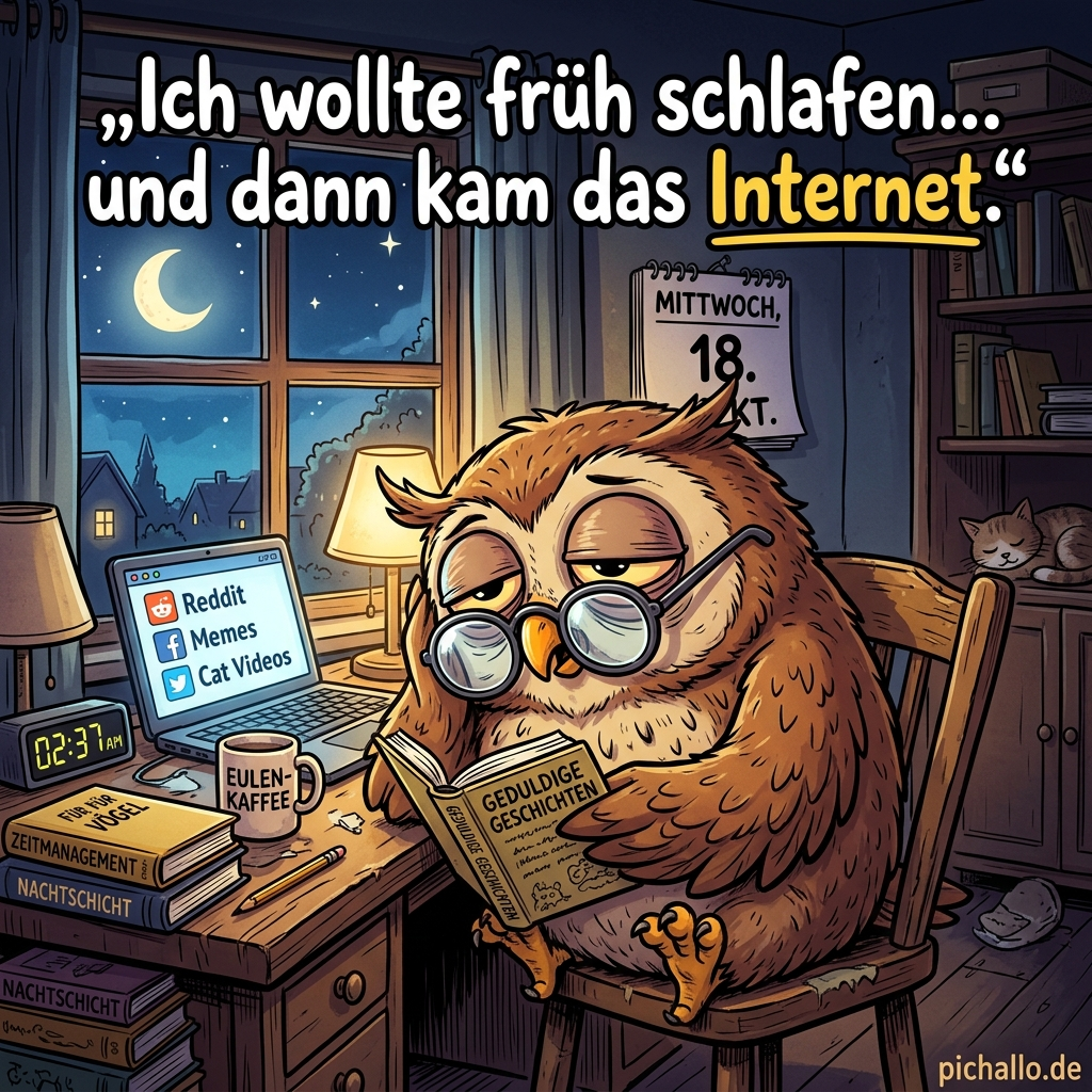 Müde Eule am Schreibtisch Bilder zur Mittwoch Nacht