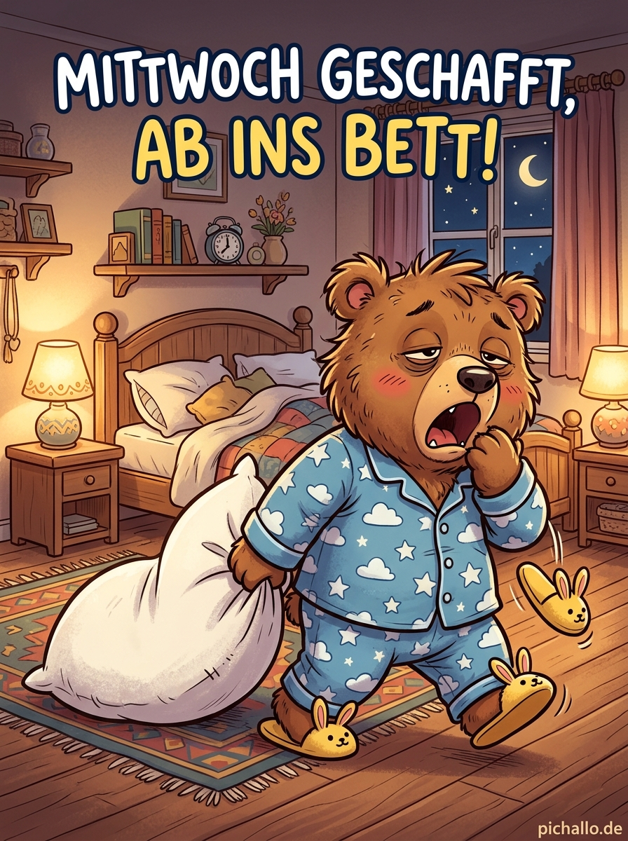 Müder Bär mit Riesenkissen Bilder zur Guten Nacht am Mittwoch