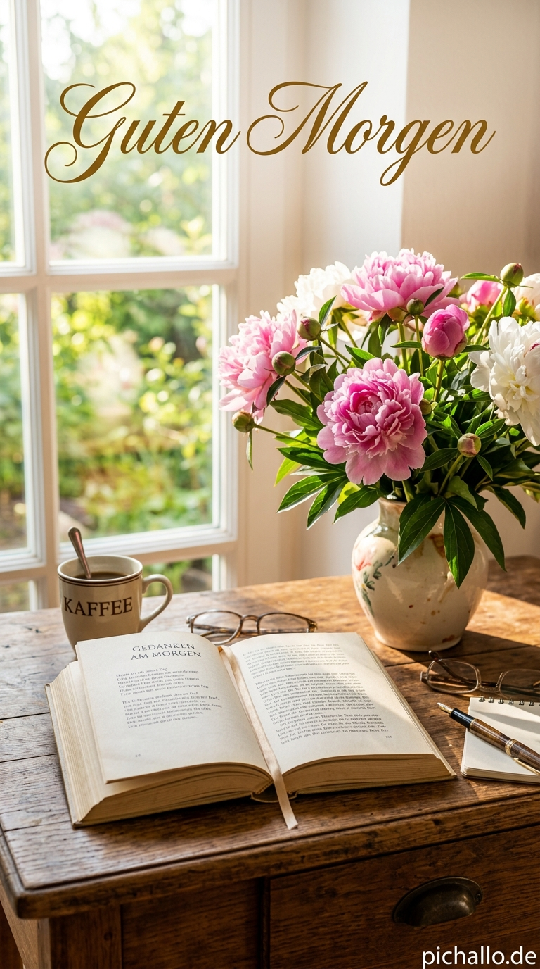 Offenes Buch mit Pfingstrosen Guten Morgen Bilder