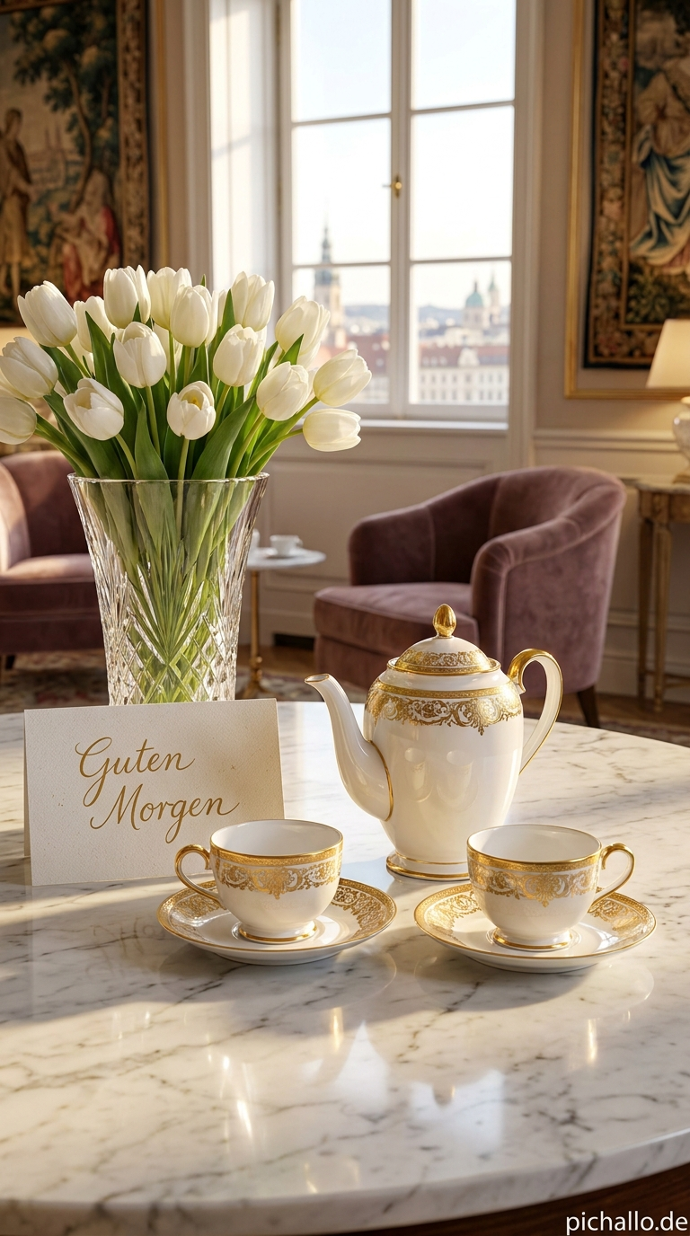 Opulentes Marmortisch-Arrangement Guten Morgen Bilder