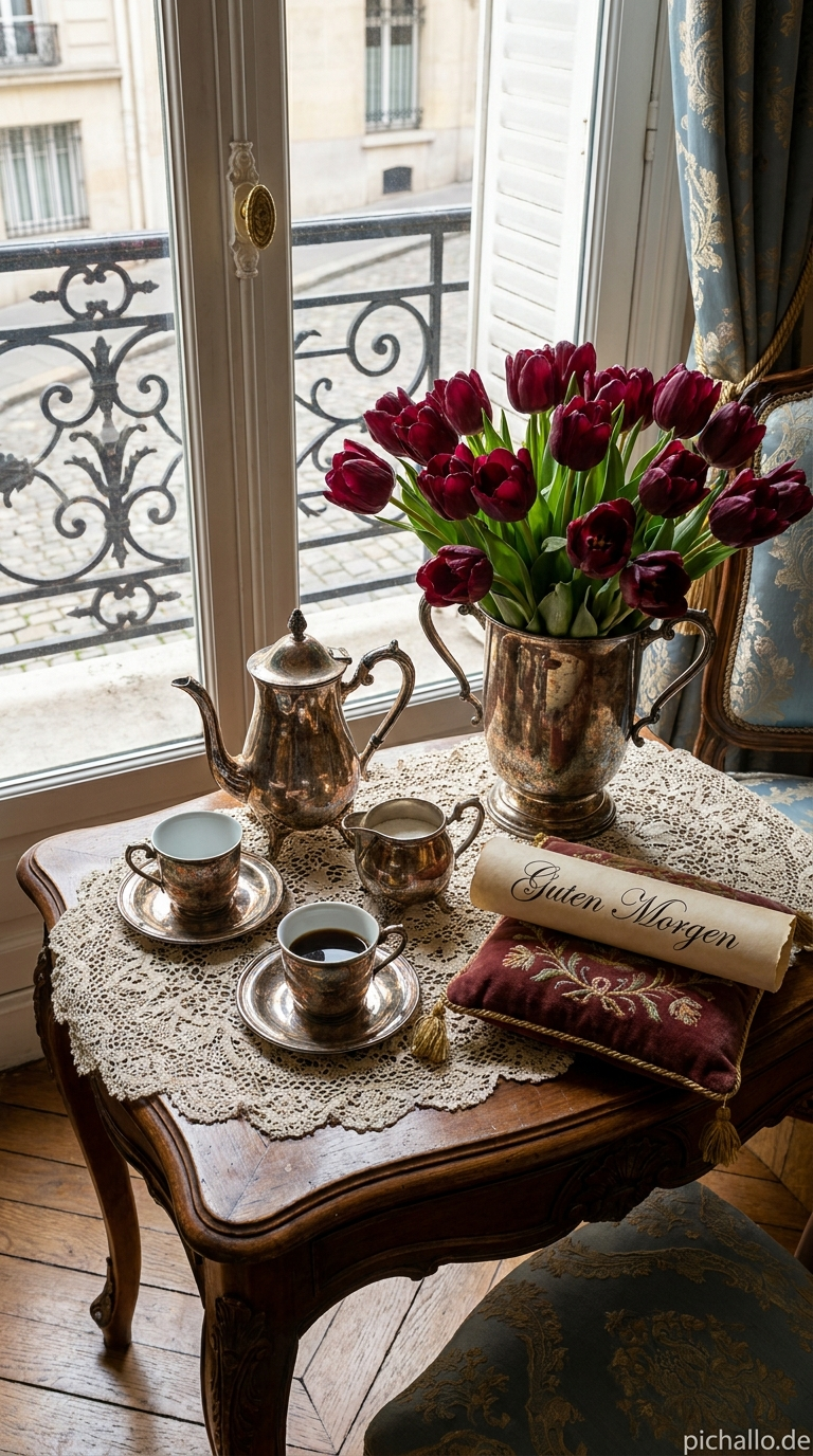 Pariser Stil mit Burgunder Tulpen Guten Morgen Bilder