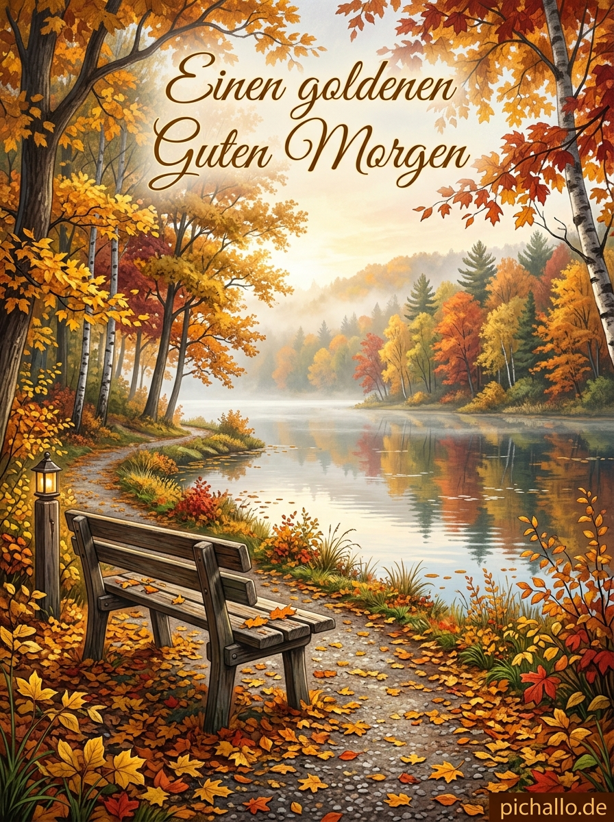 Parkbank am Herbstsee Bilder für goldene Morgengrüße