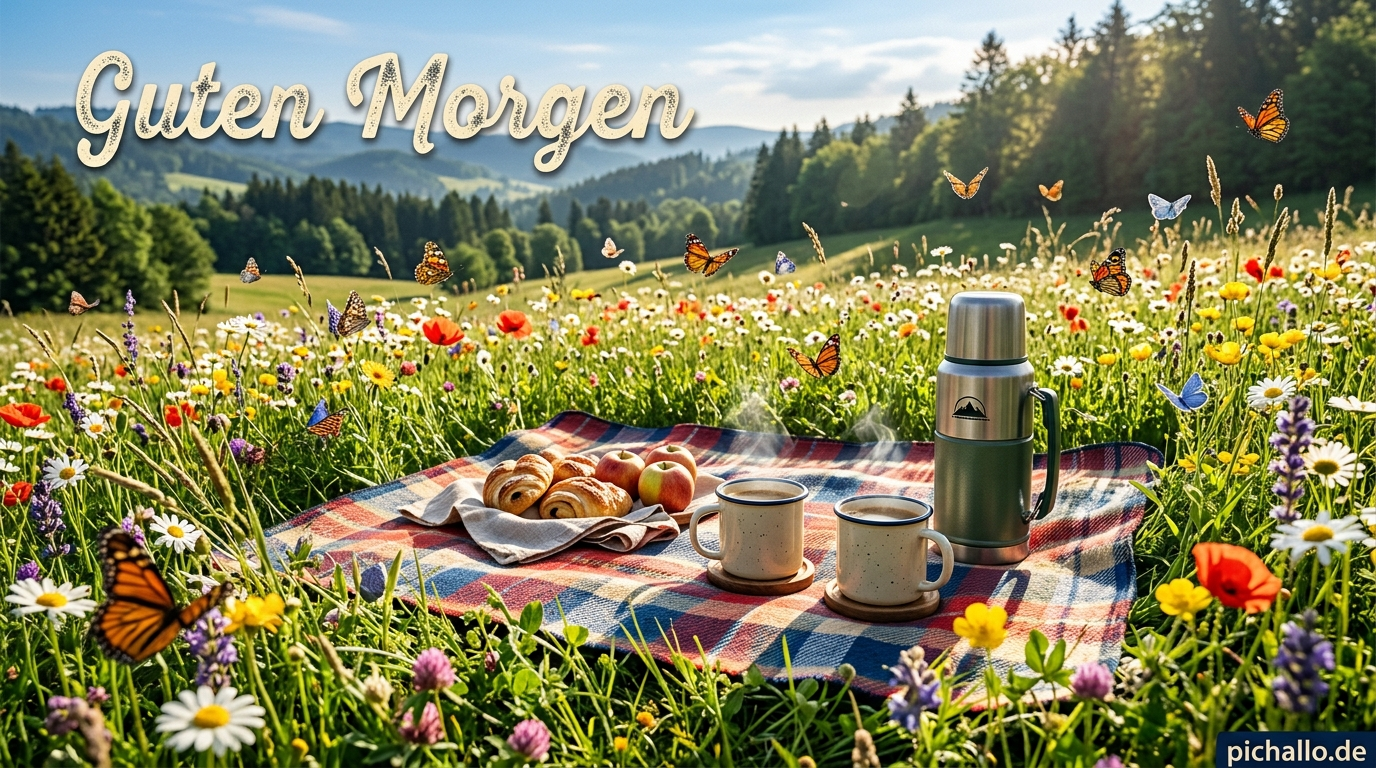Picknickdecke mit Kaffee und Wildblumen Guten Morgen Bilder