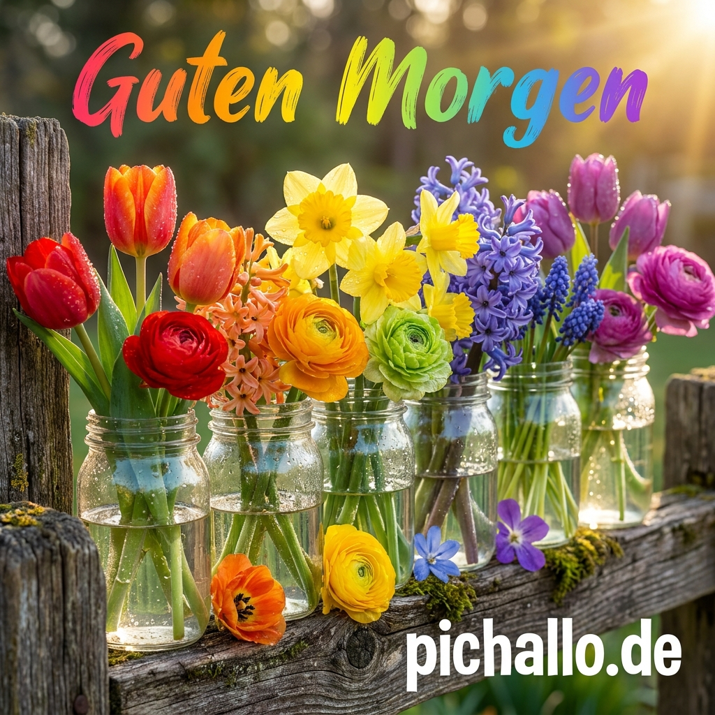 Regenbogen Frühlingsblumen im Glas Guten Morgen Bilder