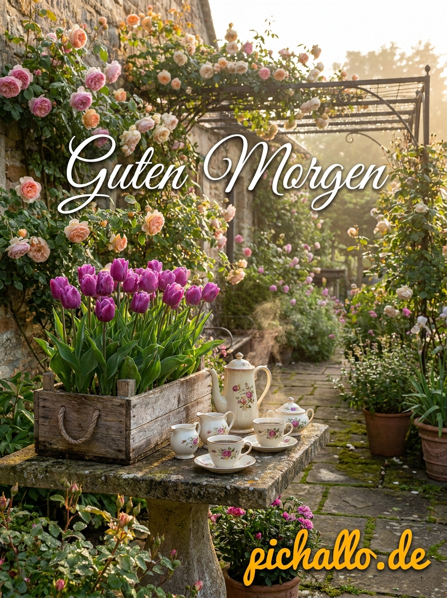 Romantische Gartenterrasse mit Lila Tulpen Guten Morgen Bilder