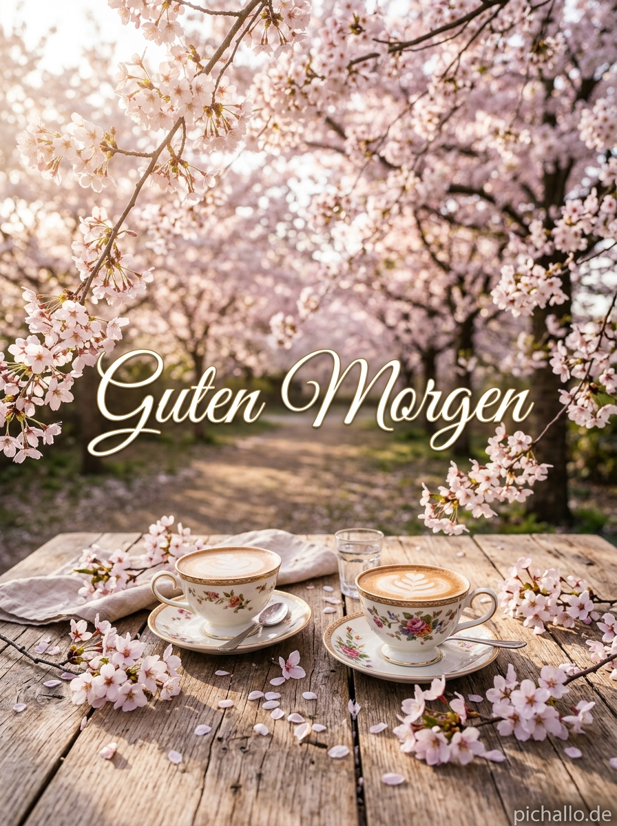 Romantische Kaffeetassen mit Kirschblüten Guten Morgen Bilder