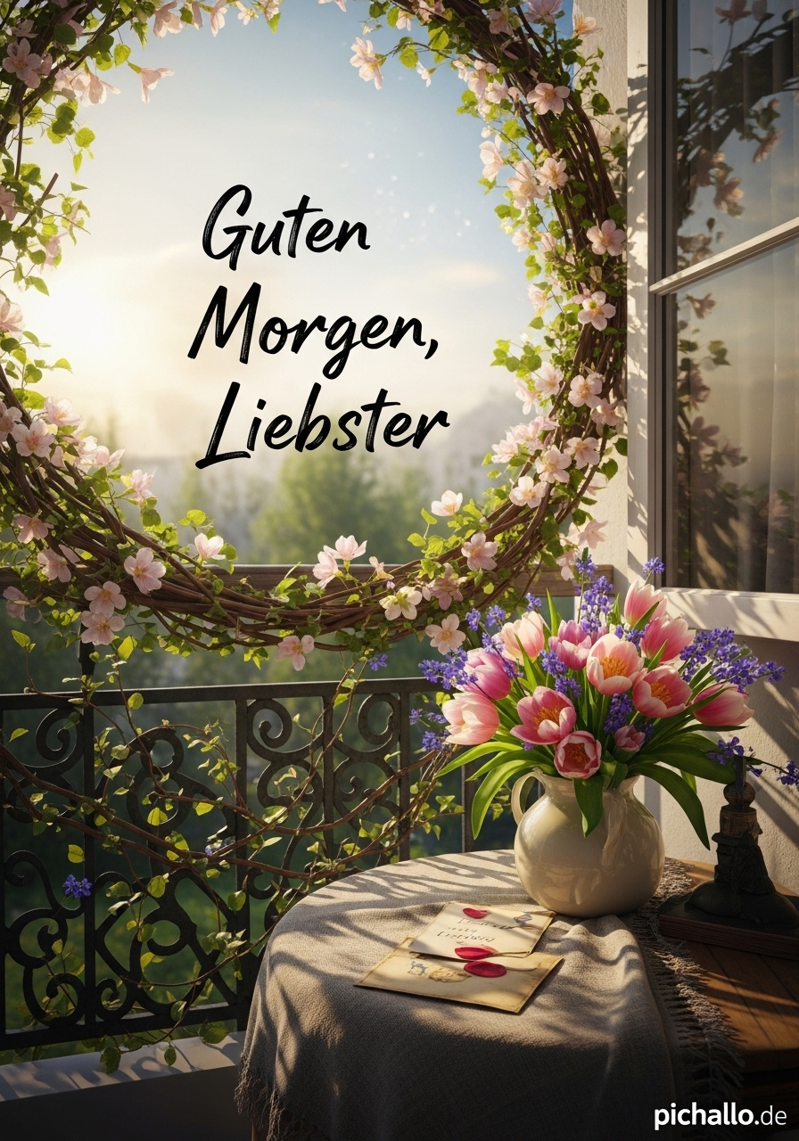 Romantischer Balkon mit Frühlingsblumen Guten Morgen Bilder