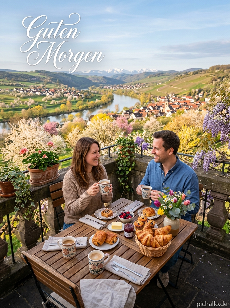 Romantisches Balkon-Frühstück für Zwei Guten Morgen Bilder