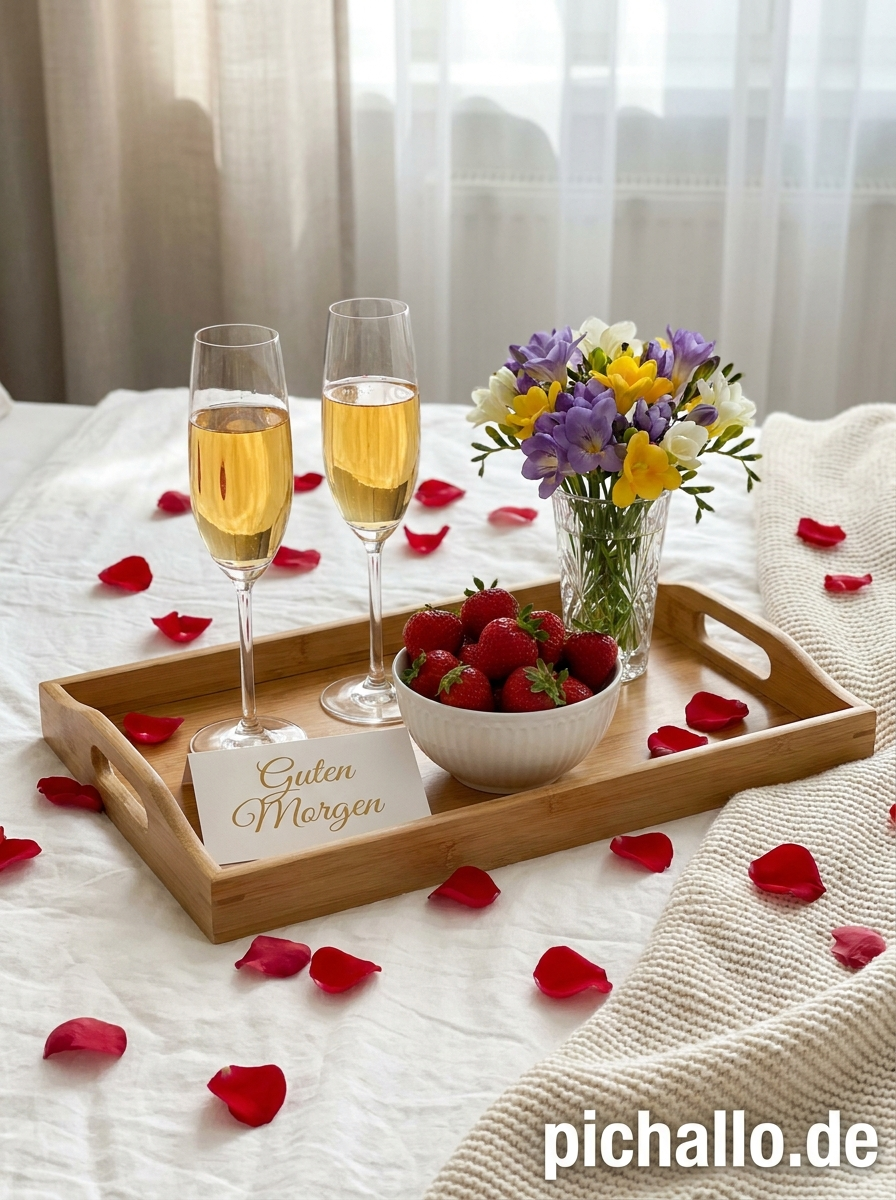 Romantisches Frühstückstablett mit Blumen Guten Morgen Bilder