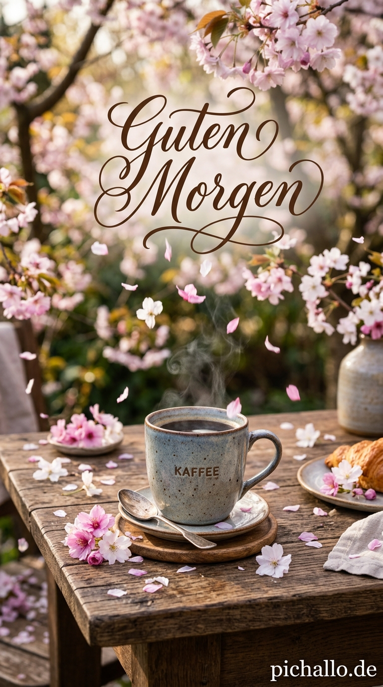 Rustikaler Kaffee mit Kirschblüten Guten Morgen Bilder