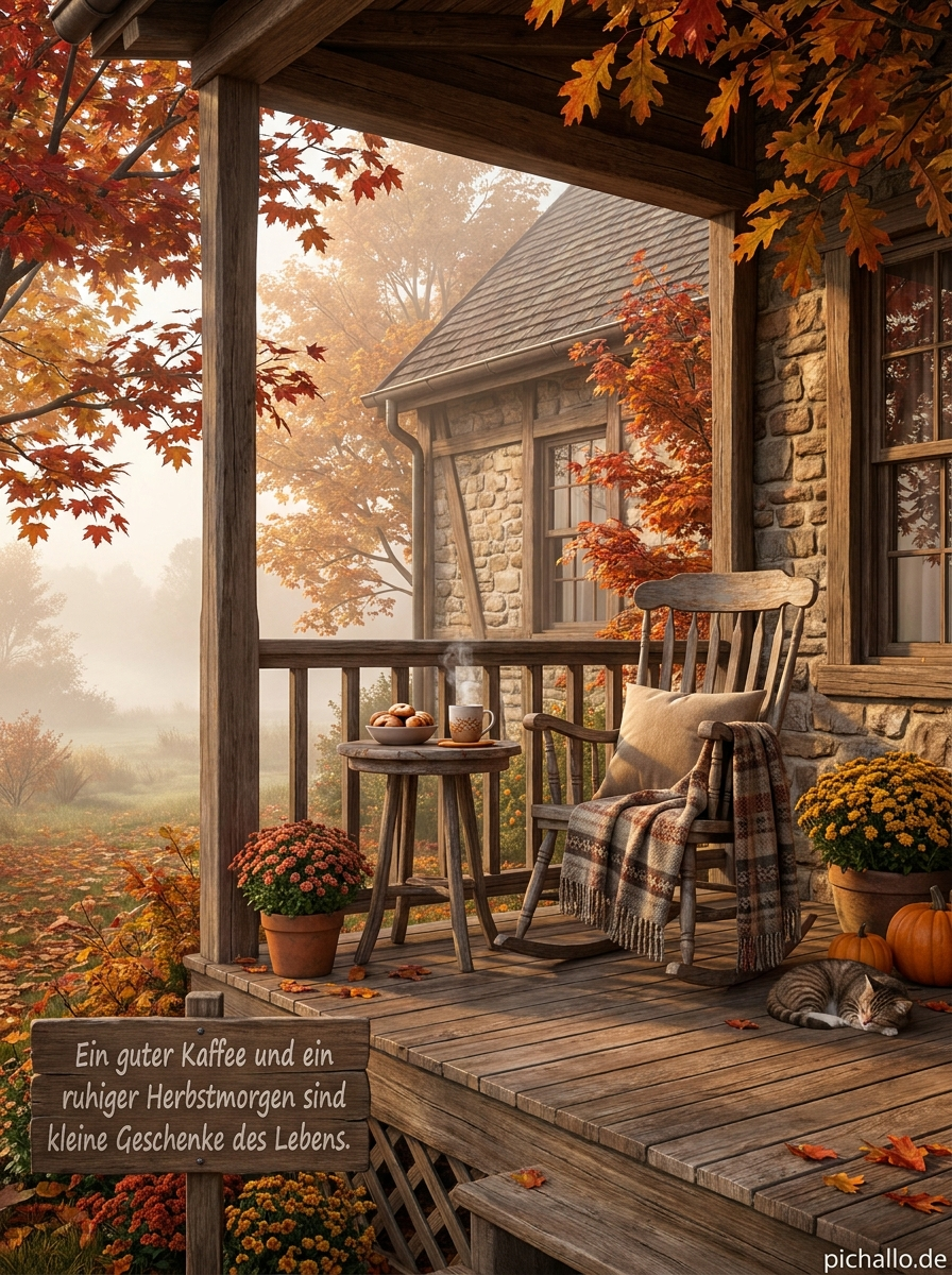 Schaukelstuhl mit Herbstkaffee Weisheit Bilder