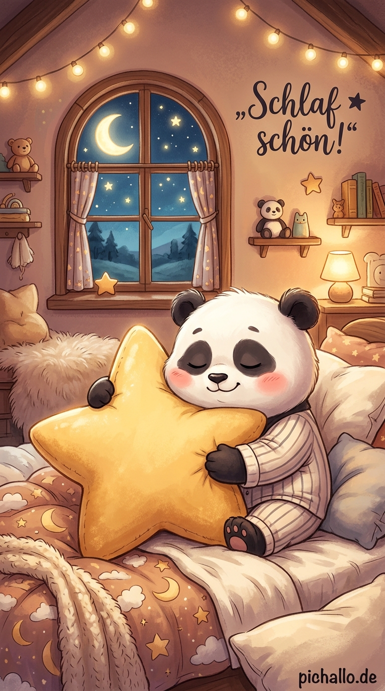 Schlafender Panda mit Sternenkissen Bilder zur Guten Nacht