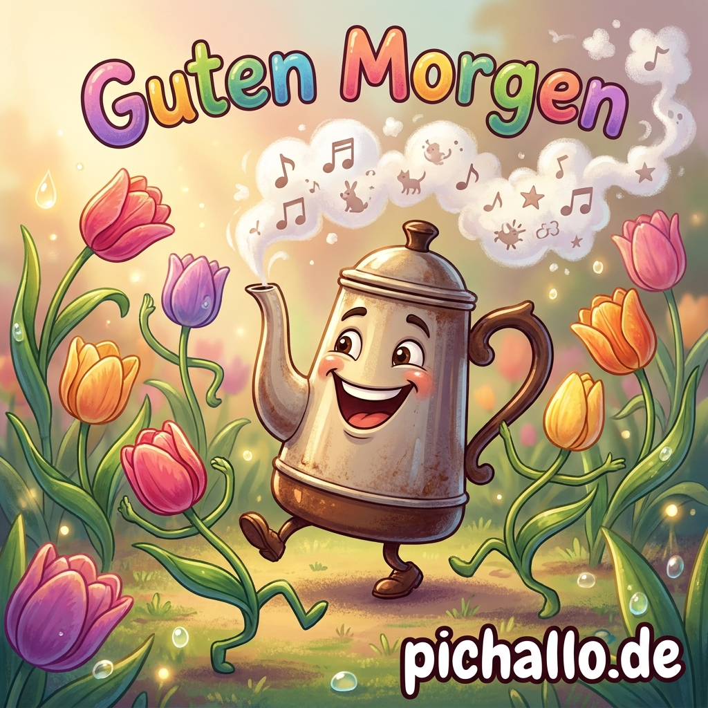 Tanzende Tulpen um die Kaffeekanne Guten Morgen Bilder