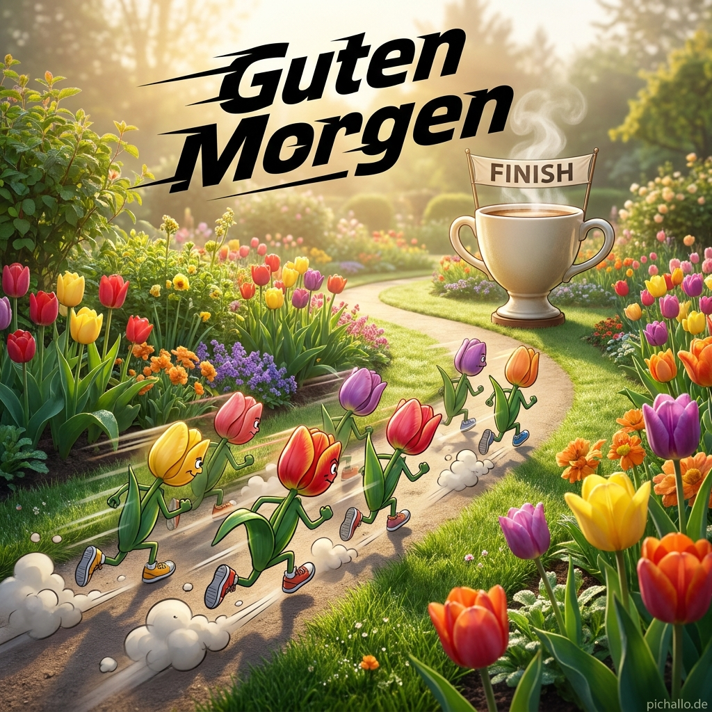Tulpen Rennen zum Kaffeebecher Guten Morgen Bilder