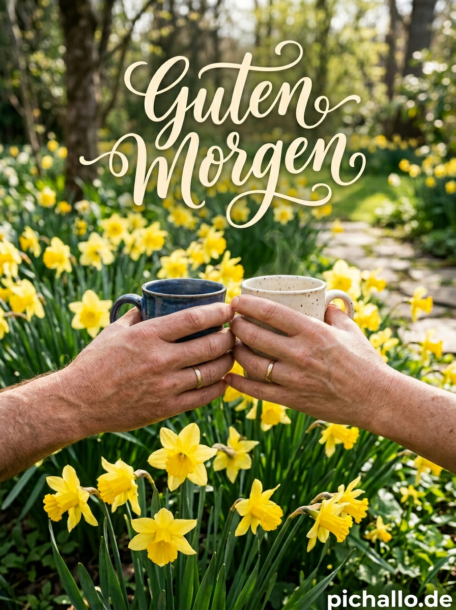Verbundene Hände mit Kaffeetassen Guten Morgen Bilder