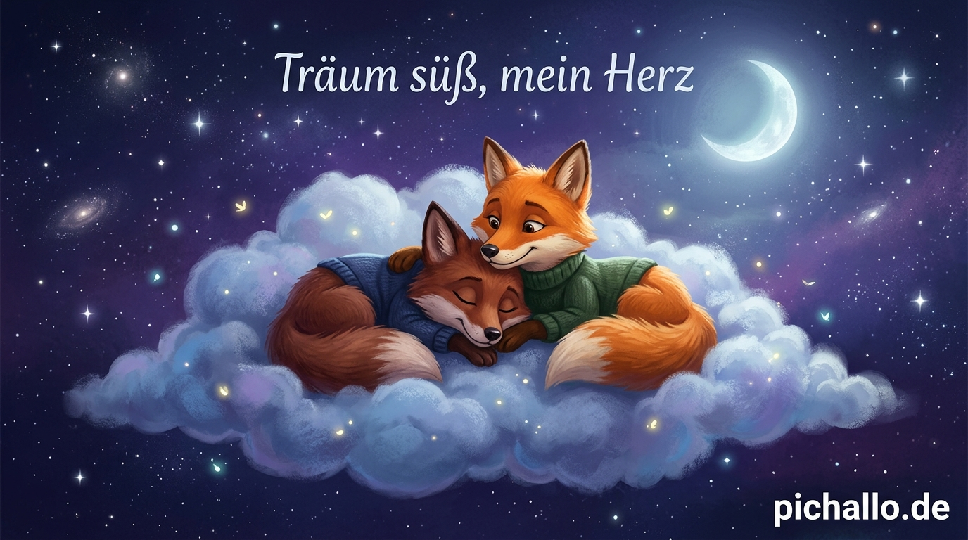Verliebte Füchse auf der Sternenwolke Bilder zur Guten Nacht